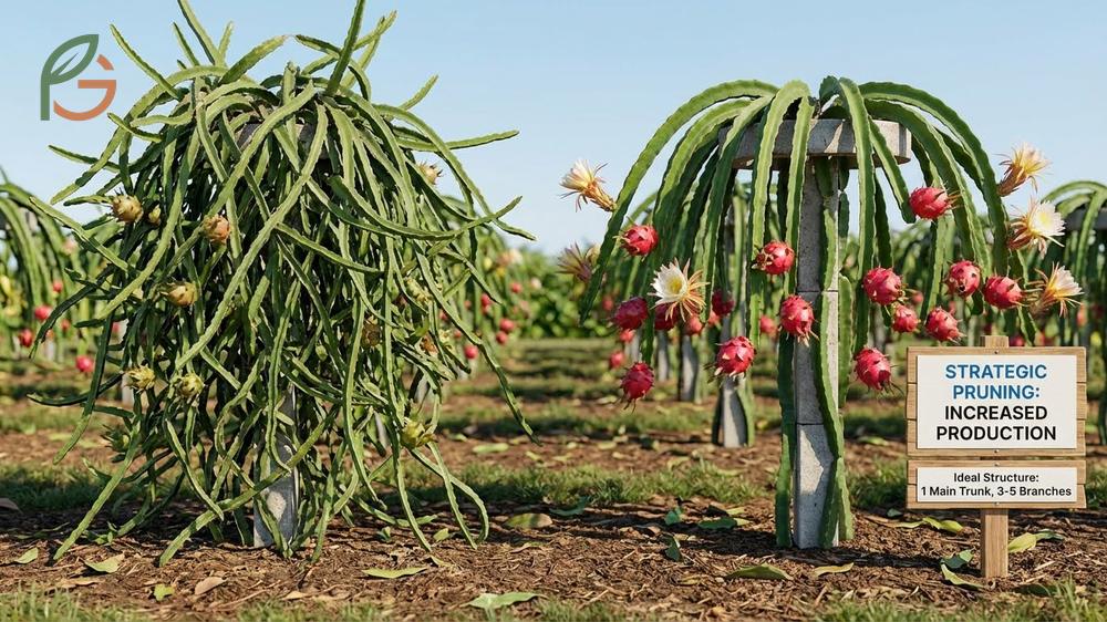 Pruning dragon fruit vines to remove dead stems and encourage vigorous flowering branches after the harvest season.