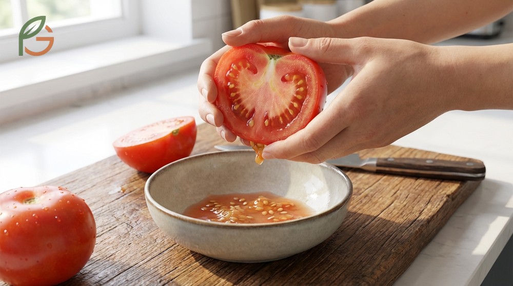 Removing tomato seeds by cutting horizontally and gently squeezing to reduce liquid in sauces.