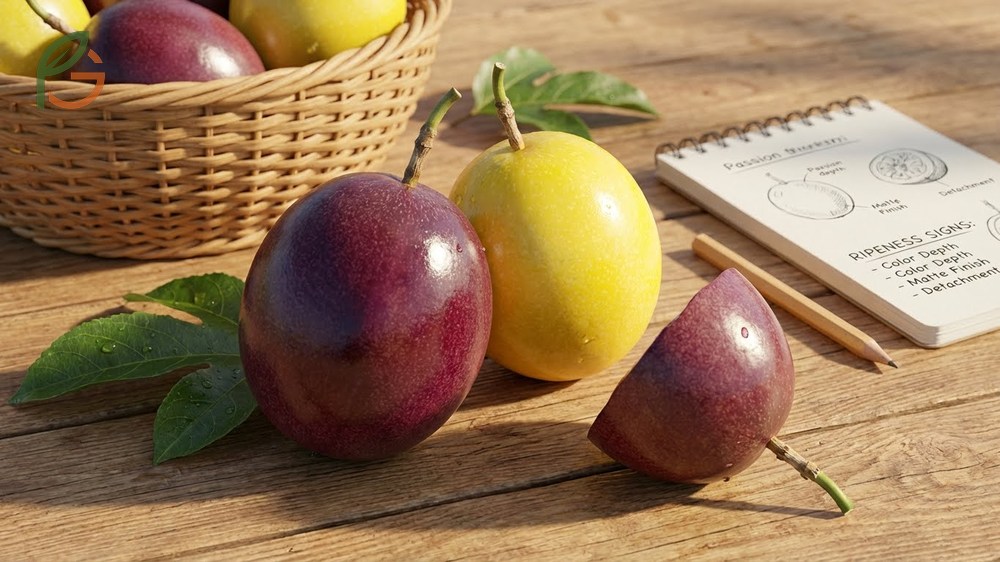 Ripe passion fruit signs features dried stems and a slight give when squeezed without being mushy or damaged.