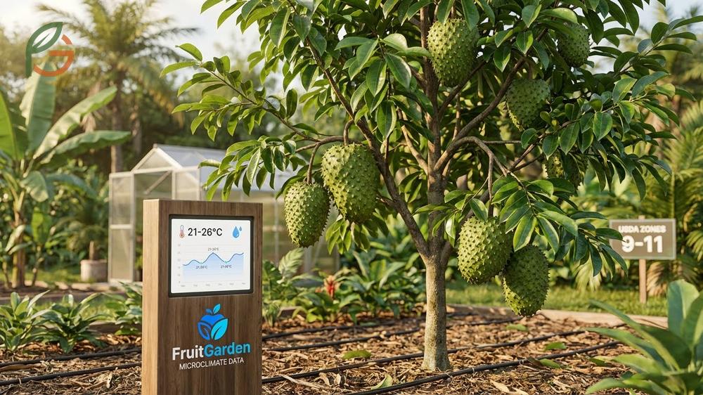Soursop tree care guide for tropical climates with temperatures between 70-79 degrees and strictly no frost exposure.