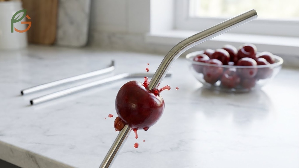 Metal straw pushing a pit cleanly through a ripe cherry to preserve fruit juices and texture.