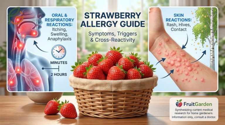 Strawberry allergy symptoms including oral itching and skin reactions that affect the mouth and respiratory system.