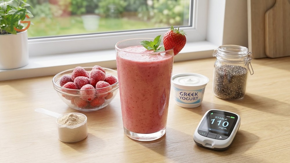 Diabetes friendly strawberry smoothie made with Greek yogurt and protein powder to balance carbohydrates effectively.