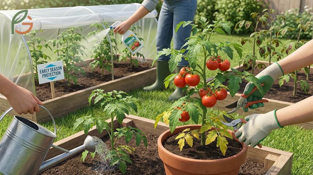Tomato plant blight treatment involves applying copper fungicides every 7 to 10 days to prevent spores from germinating on leaves.