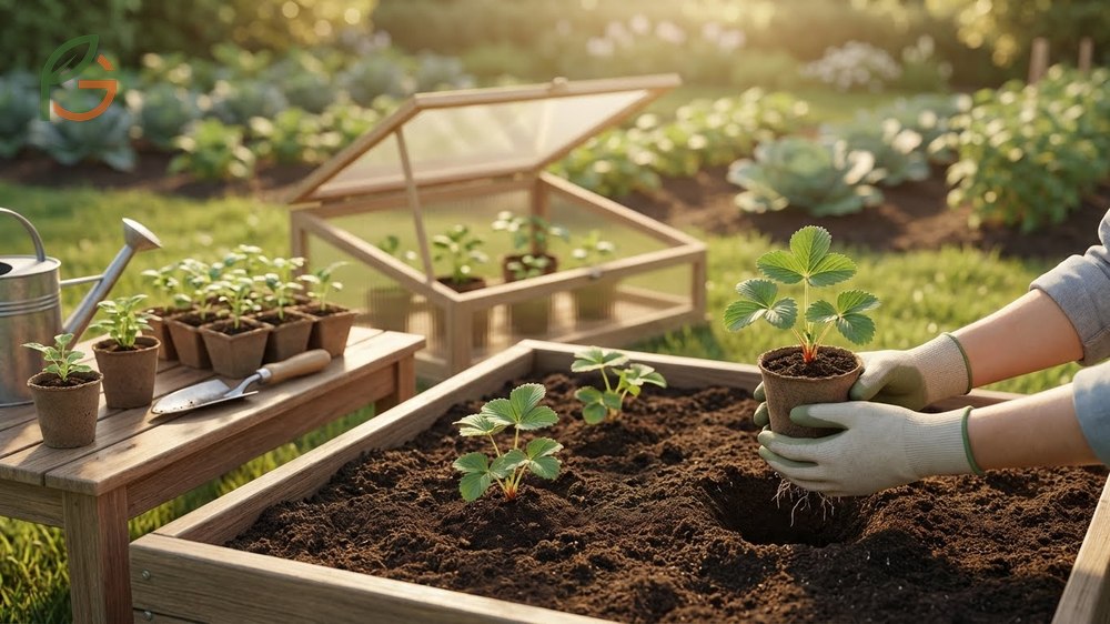 Transplanting strawberry seedlings outdoors requires hardening off plants that have developed two to three sets of true leaves.