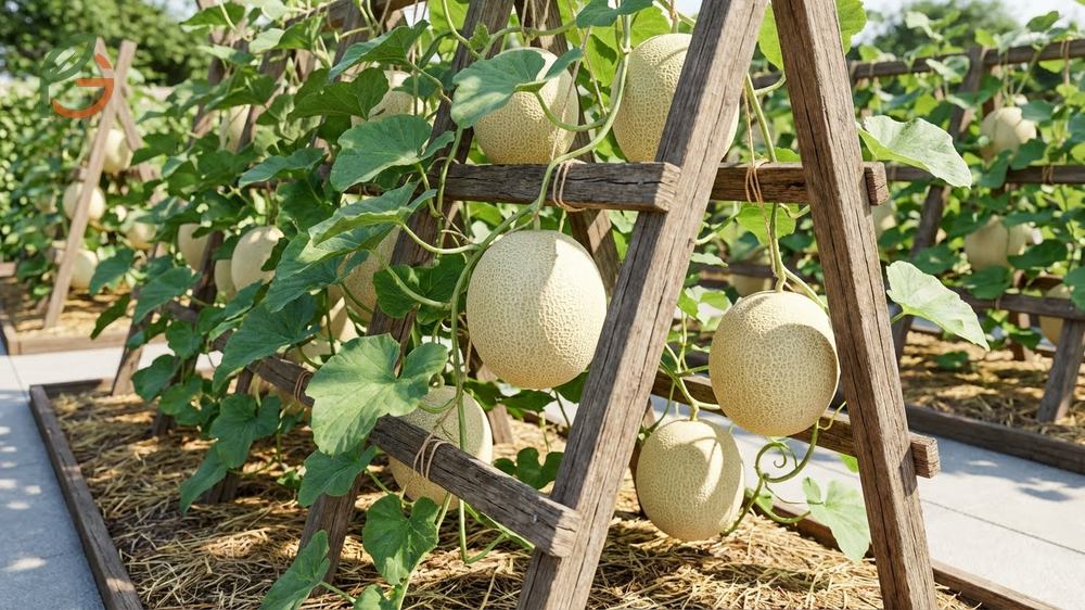 Trellis for honeydew melon provides vertical support for heavy fruits and improves air circulation.