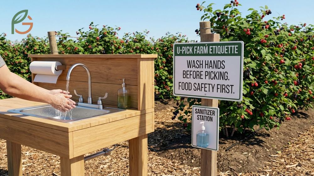 U-pick farm etiquette rules regarding hand hygiene and respecting designated picking areas.