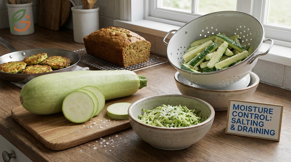 Using oversized zucchini requires salting and squeezing the grated flesh to remove excess moisture for better baking.