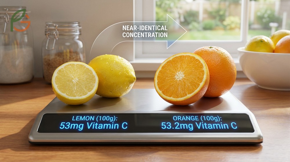 Vitamin C in lemon vs orange is nearly identical per 100g with lemons at 53mg and oranges at 53.2mg.
