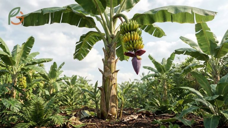 What do bananas grow on explaining the herbaceous pseudostem structure and massive fruit bunches.