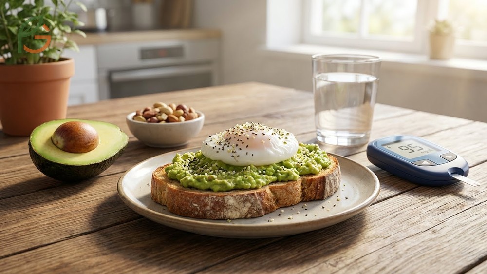 Avocado breakfast for diabetics featuring avocado toast with cottage cheese to prevent morning glucose spikes.