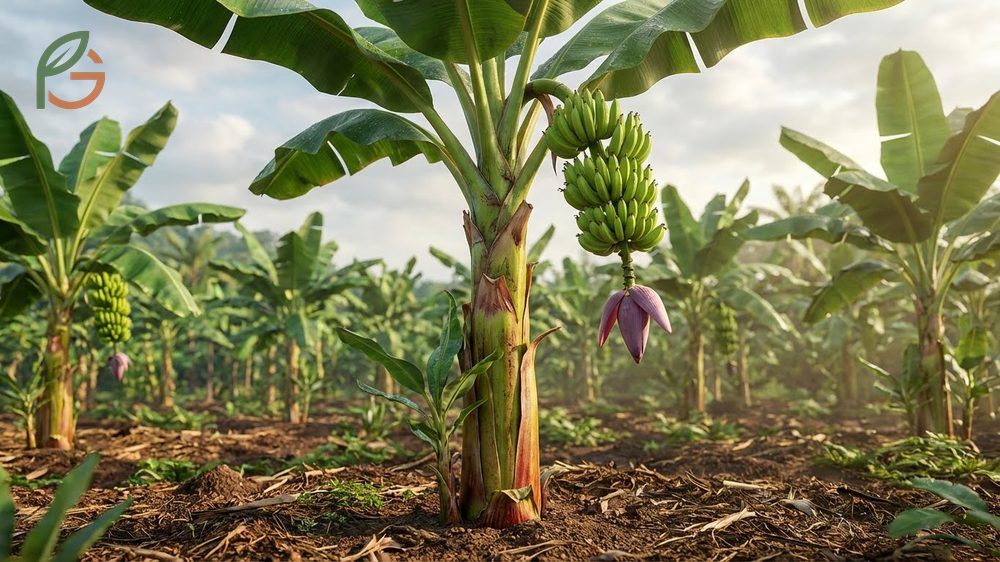 Banana pseudostem structure formed by tightly wrapped leaf sheaths supporting the plant height.