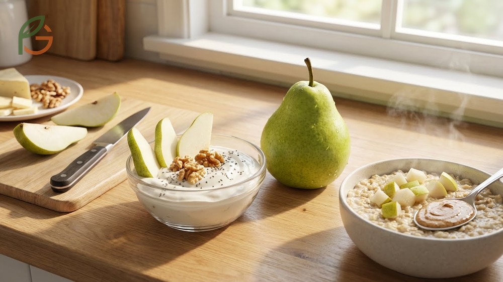 Sliced pears with skin intact mixed into oatmeal to maximize fiber intake and sustain energy levels without crashes.