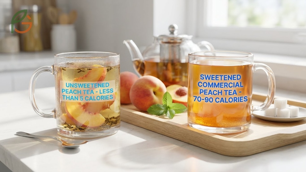 Calories in one cup of peach tea are less than 5 for unsweetened versions compared to 90 calories in sugary commercial brands.