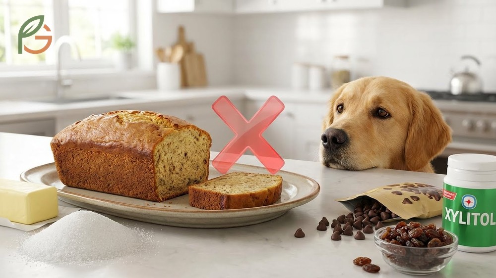 Banana bread containing harmful ingredients like sugar and raisins that are unsafe for dogs to eat.