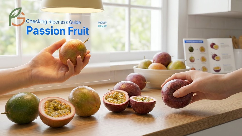 Checking ripeness guide suggests visual inspection for dark color and a weight assessment to ensure juice content.