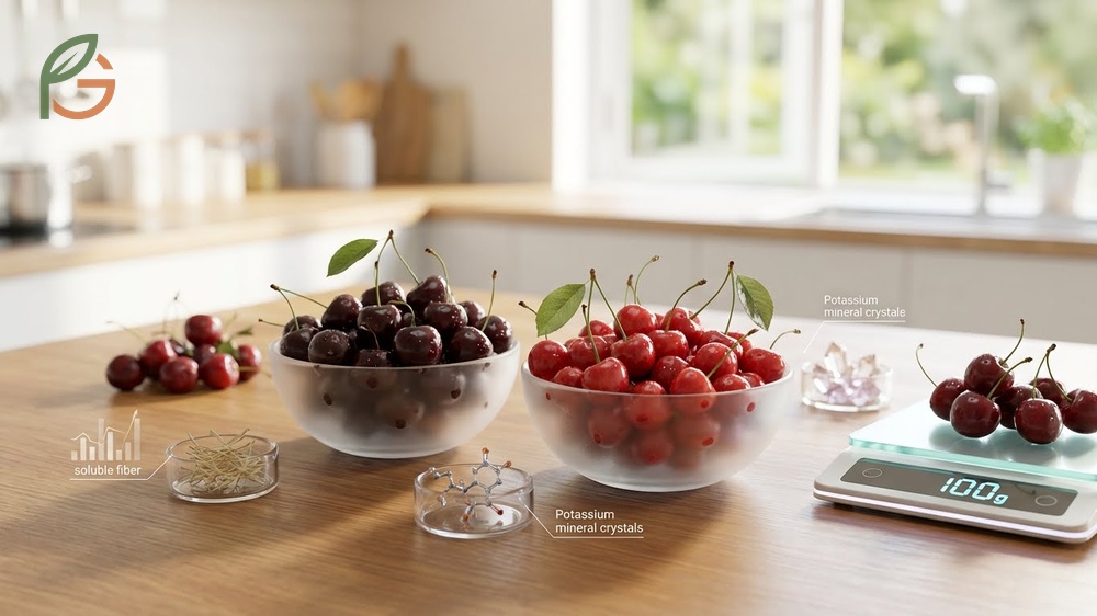 Nutritional profile of cherries providing 10mg vitamin C and 173mg potassium per 100g serving.