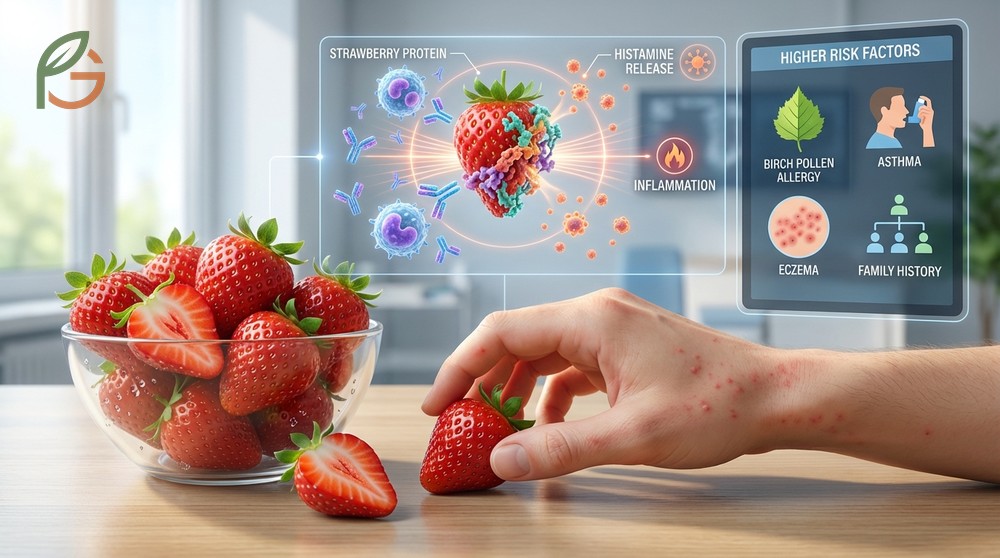 Strawberry allergy symptoms ranging from mild itching to severe anaphylaxis triggered by immune system responses.
