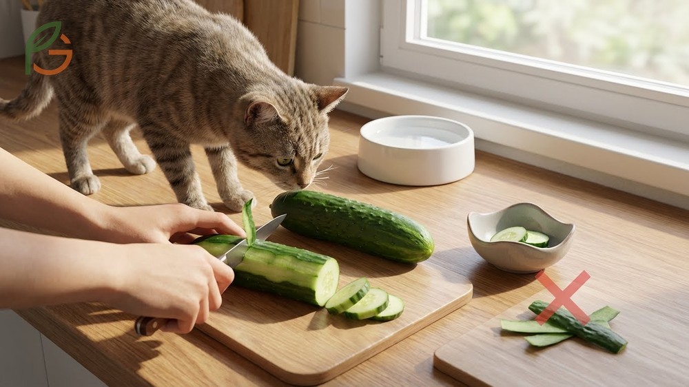 Cucumber skin safety for cats requires peeling to remove pesticides and reduce excessive fiber intake.