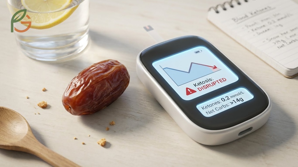 Dates ketosis impact graph showing how rapid glucose spikes from dates can suppress fat burning and ketone production.