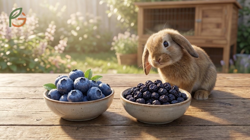 Visual comparison between fresh berries and high-sugar dried blueberries that are unsuitable for rabbits.