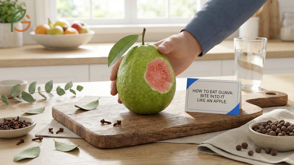 How to eat guava fresh: bite like an apple, slice into wedges, contains 5.4g fiber per 100g, no peeling required