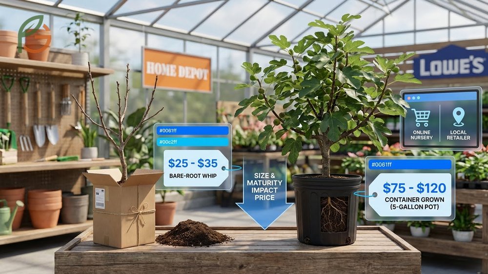 Fig tree price comparison showing differences between $25 bare-root whips and $75 container-grown trees.