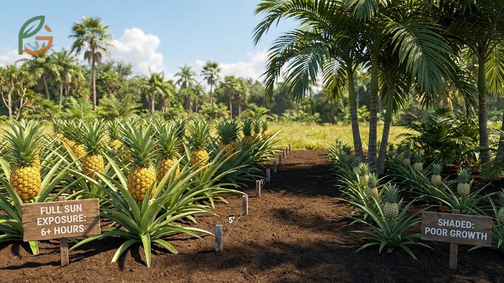 Pineapple plants arranged with proper spacing in a sunny location away from shading structures.