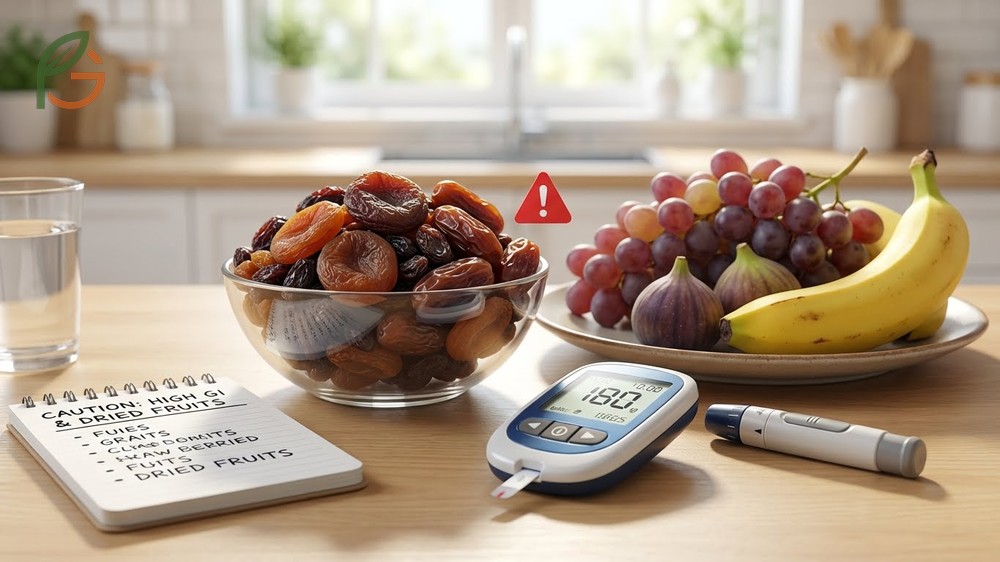 Comparison of high glycemic fruits like watermelon and dried fruits that diabetics should limit or avoid for better control.