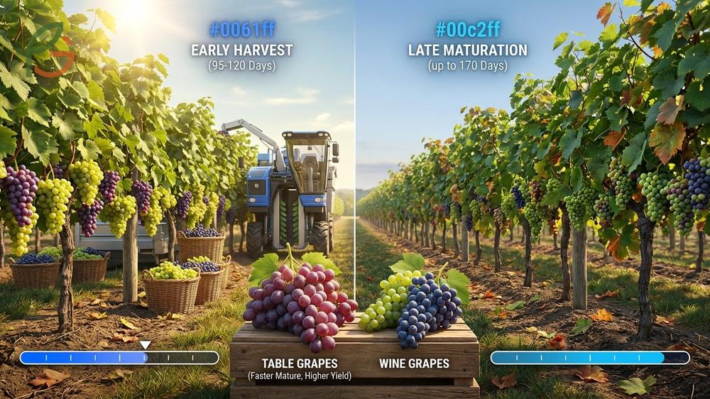 Different grape varieties like Concord and Chardonnay have varying ripening timelines ranging from 95 to 170 days.