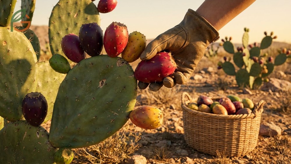 Harvesting prickly pear fruit when skin color deepens and glochids fall off easily.