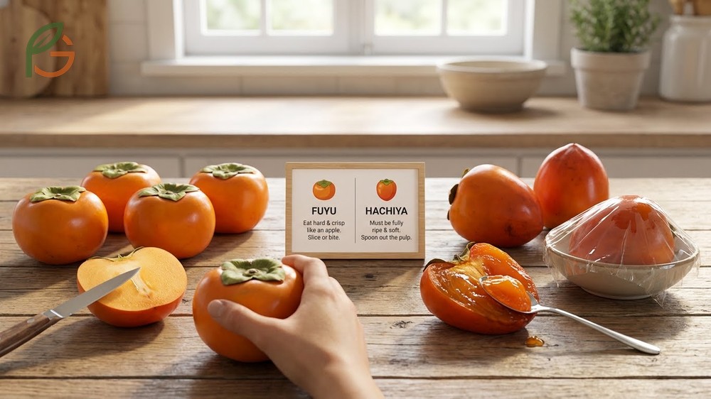 Sliced firm Fuyu persimmons on a plate next to a soft ripe Hachiya ready for scooping with a spoon.