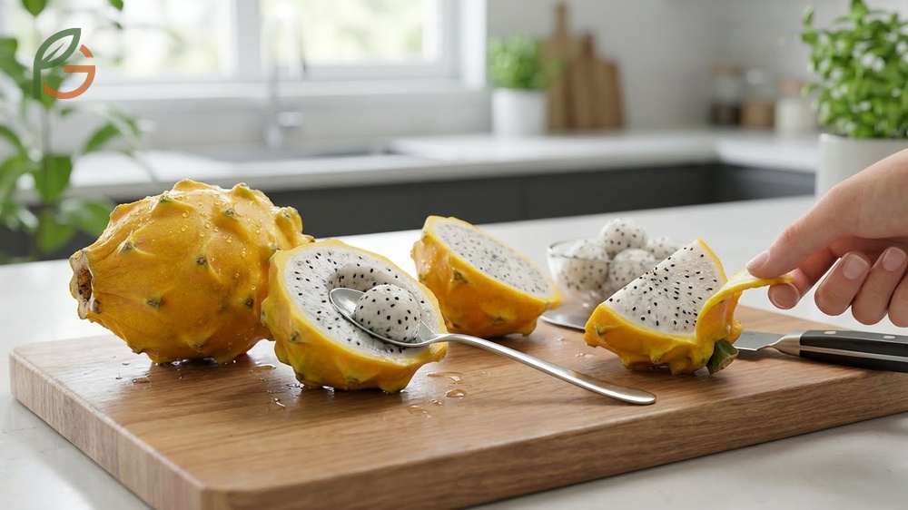 How to eat yellow dragon fruit by halving and scooping the flesh or slicing it for tropical salads.