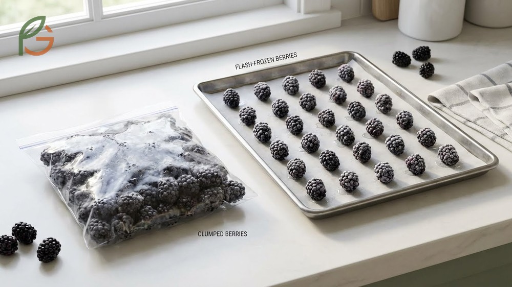 How to freeze blackberries using the flash freezing method on baking sheets to prevent clumping and ice crystals.