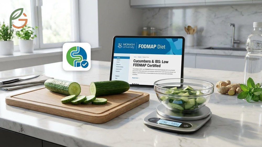 IBS and cucumbers management by eating small peeled portions of 50g to maintain hydration without triggering symptoms.