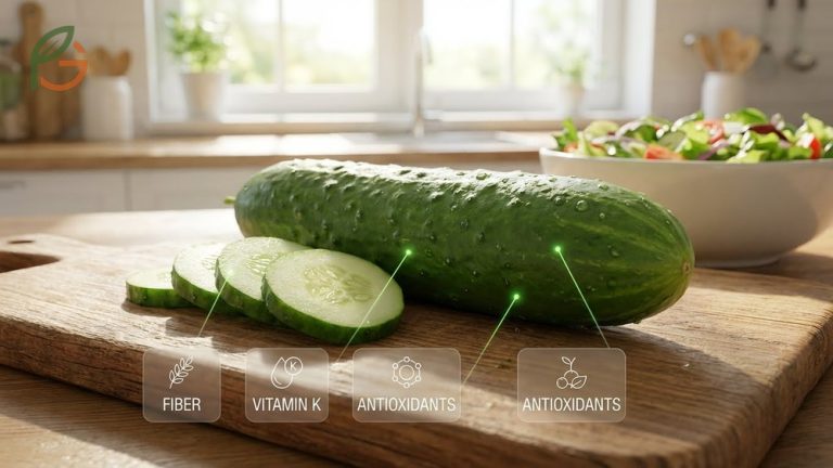 Close-up of fresh, unpeeled cucumber slices on a wooden cutting board highlighting the dark green skin.