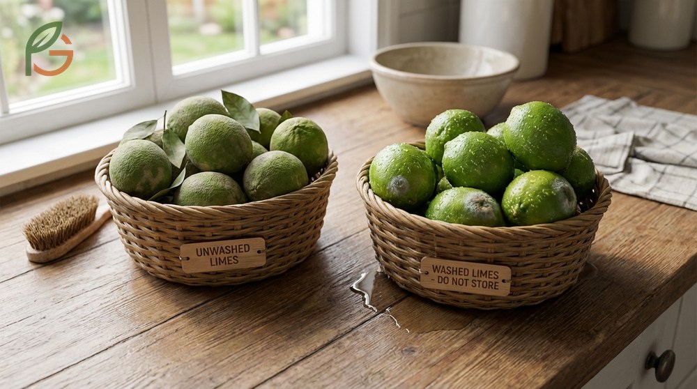 Lime storage tips for cut fruit involve wrapping tightly in plastic or beeswax to prevent oxidation.