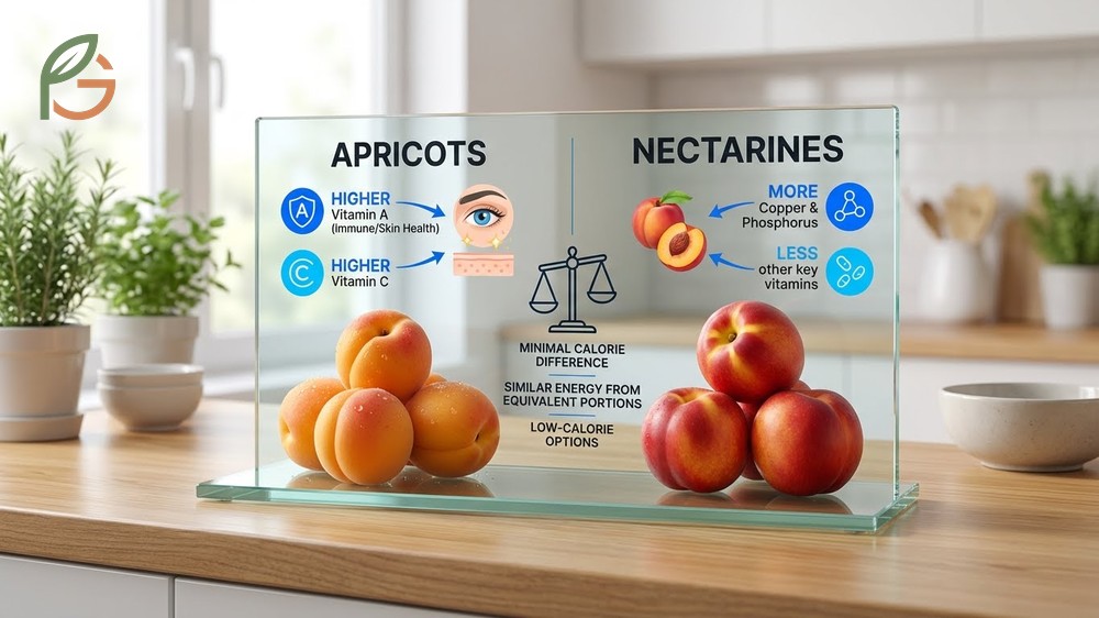 Nutrition comparison showing apricots provide significantly more vitamin A and C compared to nectarines per serving.