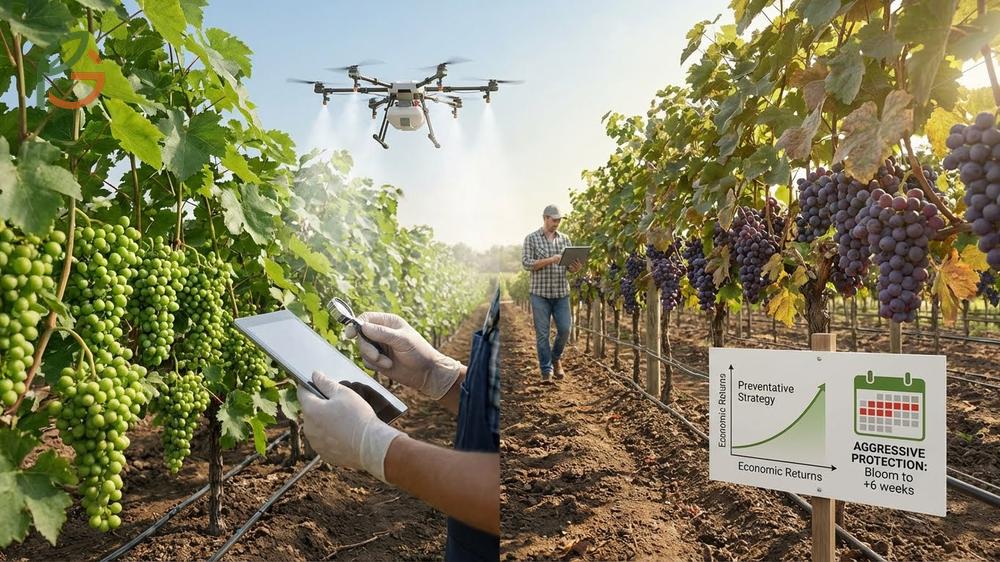 Powdery mildew on grapes prevention focusing on early detection and site selection to reduce fungicide requirements by 40 to 60 percent.