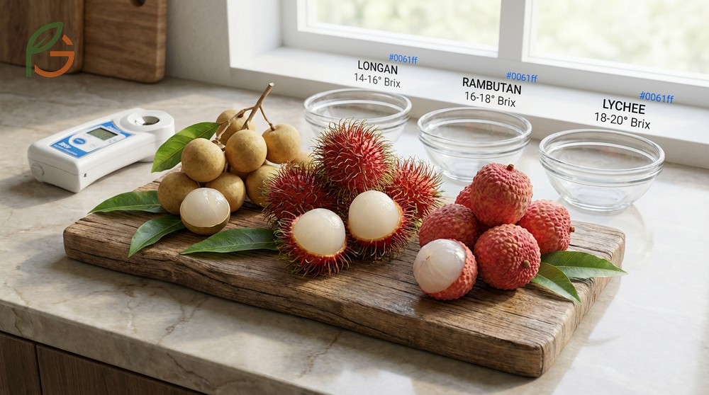 Rambutan vs lychee vs longan comparison showing the hairy red skin of rambutan and the 18 degree Brix sweetness level.
