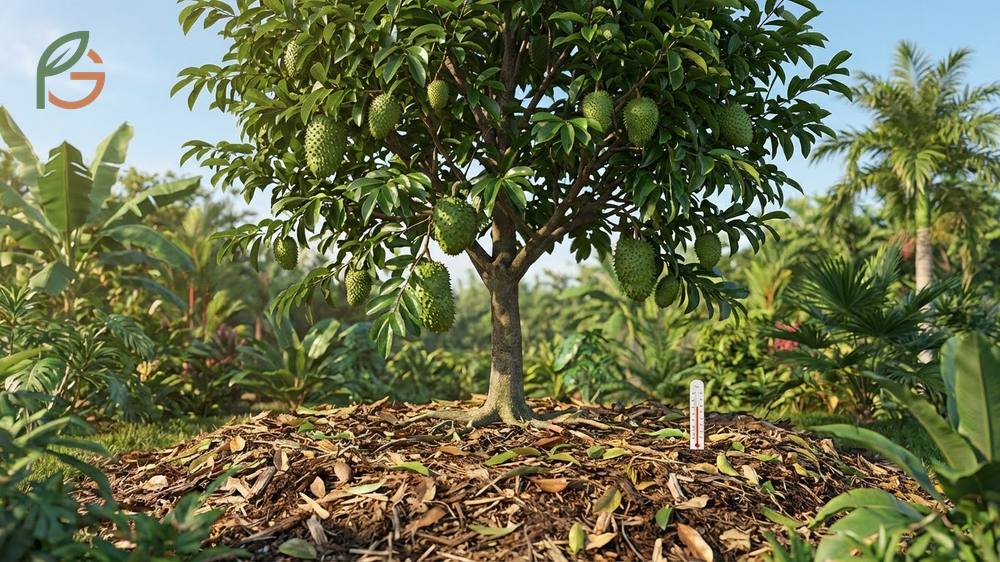 Soursop tree care showing optimal growth in USDA zones 9-11 with 80 percent humidity and well-draining sandy soil.