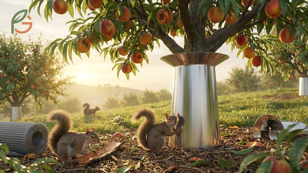 How to protect peach trees from squirrels involves installing baffles 5 to 6 feet above ground level.