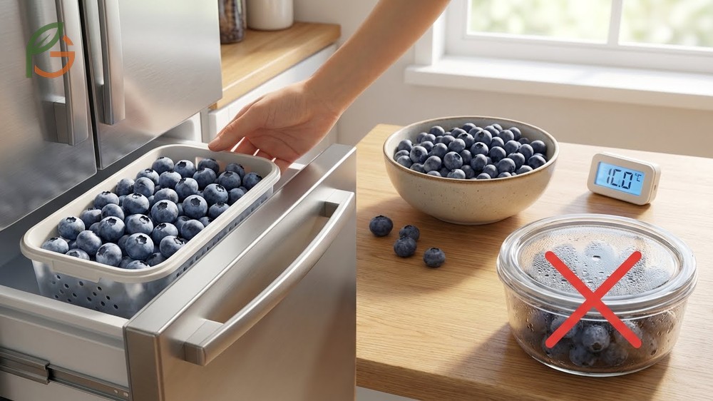 Storing fresh picked blueberries in the refrigerator or freezing them for long-term use.
