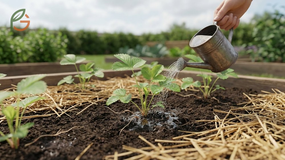 Strawberry seedling care involves providing six hours of direct sunlight and consistent moisture for strong root development.