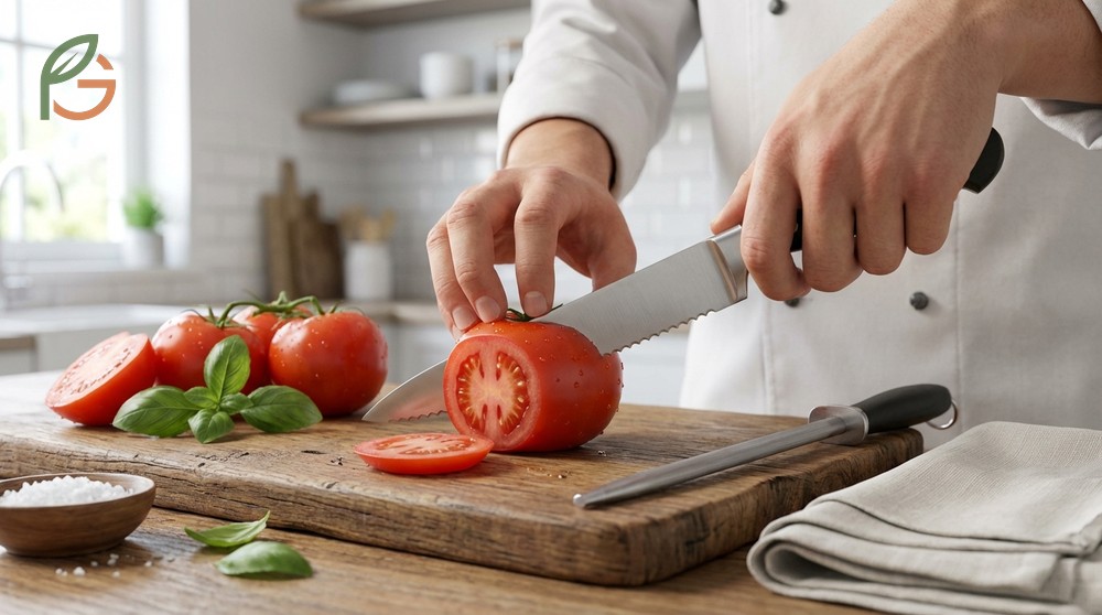 Tomato knife skills demonstrating the claw grip to protect fingers while using a sawing motion.