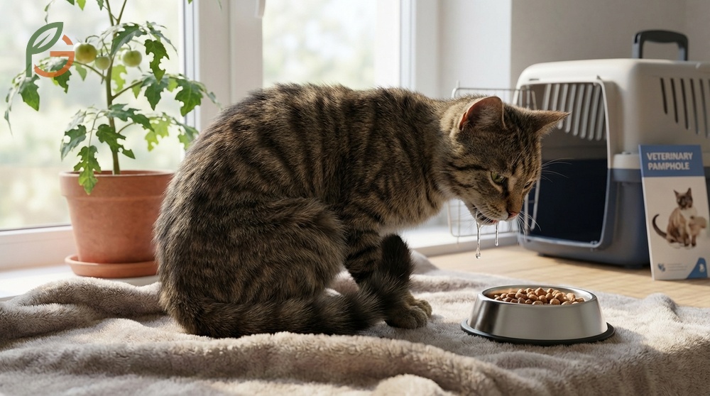 Symptoms of tomato poisoning in cats listing vomiting and hypersalivation appearing 2 to 10 hours after ingestion.