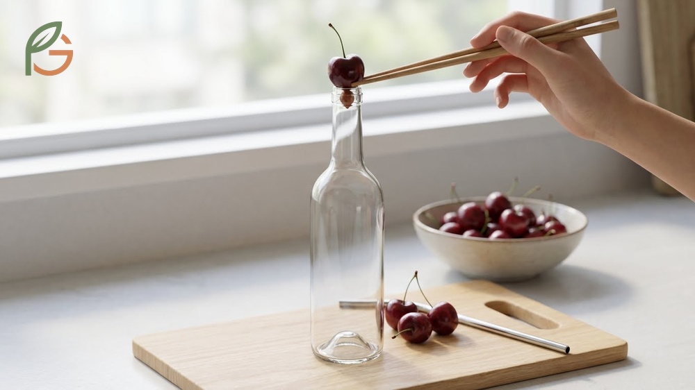 Empty glass bottle used as a base to catch cherry pits while using the chopstick or straw method.