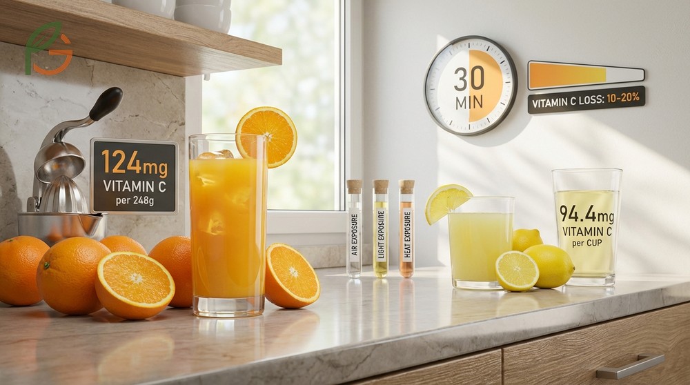 Vitamin C comparison shows fresh orange juice delivers 124mg per cup compared to 94mg in lemon juice.