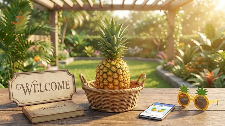What Does Pineapple Mean illustrated through hospitality symbols and modern pop culture references.