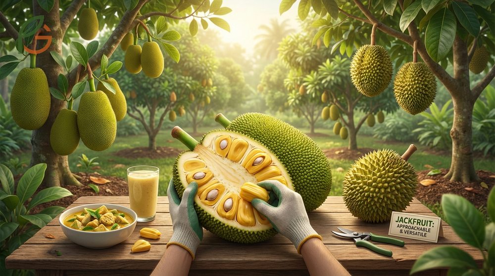 Which fruit better for home gardens illustrated by a manageable jackfruit tree yielding abundant fruit in a backyard.